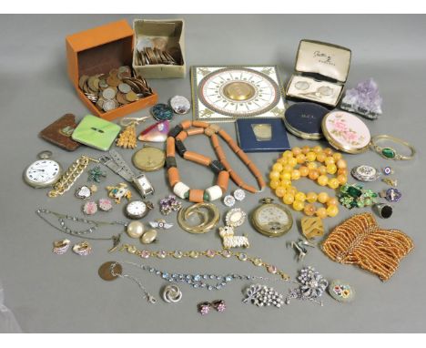 A quantity of costume jewellery and coins, to include a gold plated bangle with malachite cabochon, a collection of costume b