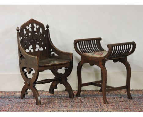 A Victorian Gothic oak hall chair, with a pierced back, and an Edwardian beech wood X framed stool