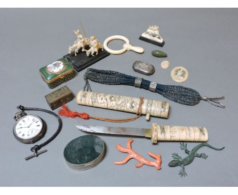 A silver vesta, a silver cased Omega pocket watch, a purse, a novelty casket, a Japanese dagger, a snuff box with five Maundy