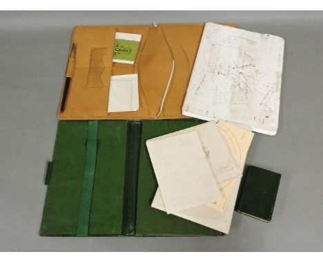 An Asprey green leather writing folder, with a letter and sketch design from the firm to Miss Lascelles, and a brown leather 