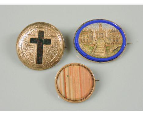 An Italian micro mosaic brooch, in gold mount, a gold circular brooch set with a bloodstone cross with engraved surround, and
