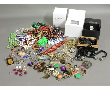 A quantity of costume jewellery, to include Whitby jet beads and pendant, a collection of loose stones including synthetic ru