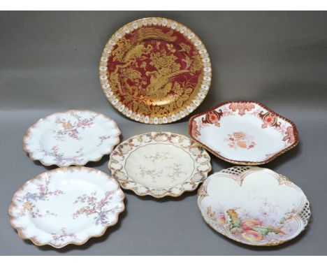 A Royal Worcester pierced cabinet plate, printed and painted with fruit, 22cm diameter, a pair of frilly edged cabinet plates