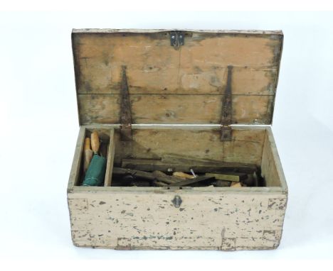 Tool box and tools, moulding planes, chisels, marking gauges, etc