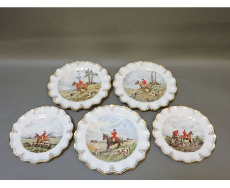 Five Royal Crown Derby hunting scene plates, each signed E M Pell
