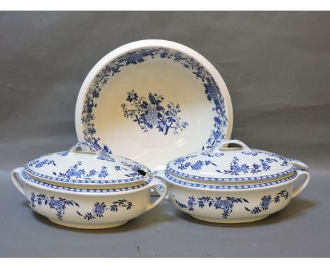 A collection of silver plated wares, two tureens, a blue and white printed wash basin, and a Garfield handbag