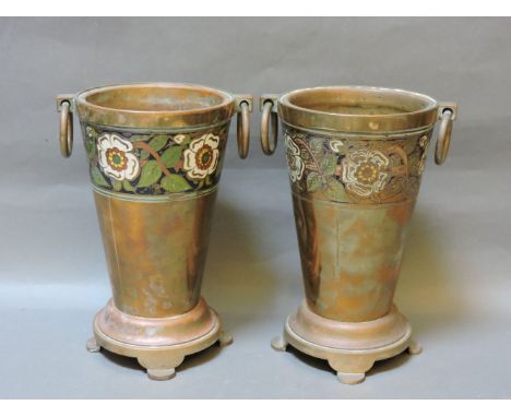 A pair of aesthetic style brass vases, with enamel bands, 24cm high