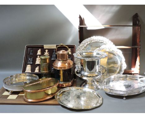 A collection of mixed silver plate, a copper and brass Welsh miner's lamp, a ship's lantern, a reproduction chess set, prints