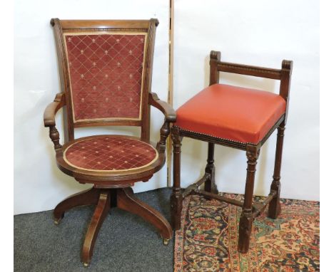 An oak Gothic Revival stool, and an oak swivel office chair