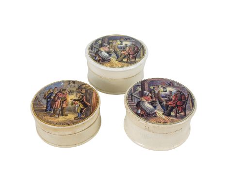A 19th century Prattware transfer printed pot lid - decorated with 'The Outs',  7cm diameter, together with another similar a