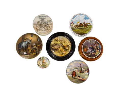 A 19th century Prattware transfer printed pot lid - decorated with 'Country Quarters', 12cm diameter, together with five furt