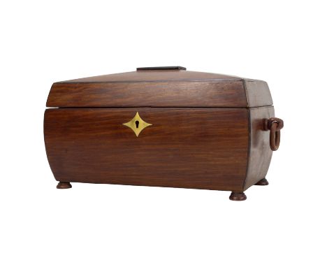 An early Victorian hardwood tea caddy - of sarcophagus form with ring handles and raised on bun feet, width 33cm.