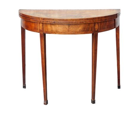 A George III mahogany D-shaped card table - the crossbanded top above a double gateleg action, on tapered square legs, 91 x 4