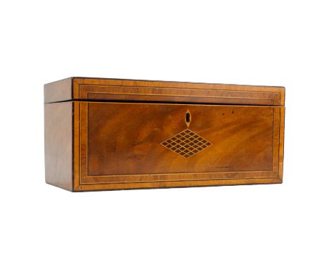 A 19th century mahogany tea caddy - inlaid with a lozenge, the interior fitted with three compartments, width 28cm.