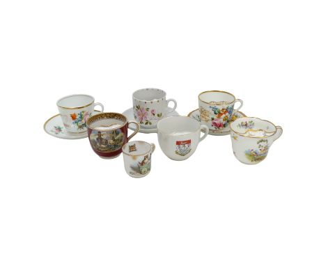 A 19th century moustache cup - decorated with roses and gilt lines, together with six further cups, two of which are with sau