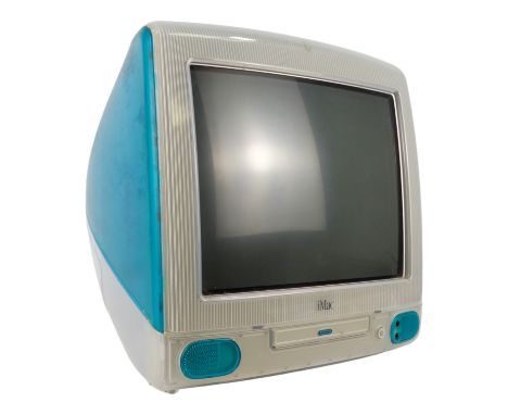 A vintage Apple iMac - turquoise and clear colourway, together with mouse, lead and instruction guide.