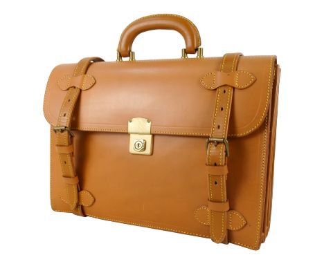 A Dolphin brand late 20th century tan leather briefcase - with yellow stitching, the interior with four divisions, 41cm wide.