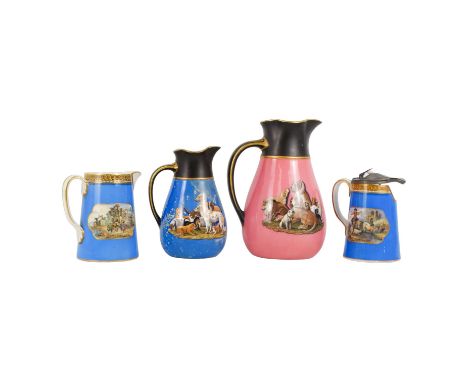 A 19th century Prattware milk jug - with a pewter hinged lid and decorated with a tavern scene, on a blue ground, 14cm high, 