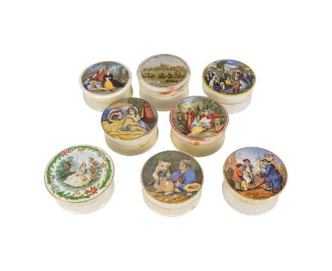 A 19th century Prattware transfer printed pot lid - decorated with 'Old Jack', together with seven other various pots and lid