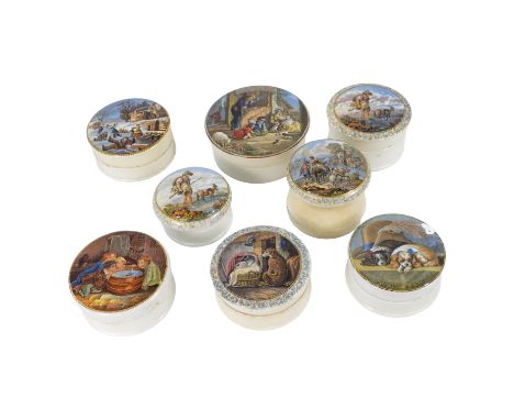A 19th century Prattware transfer printed pot lid - decorated with 'Our Home', 9cm diameter, together with seven further vari