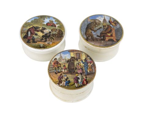 A 19th century Prattware transfer printed pot lid - decorated with Bear, Cock and Lion, 7cm diameter, together with two furth