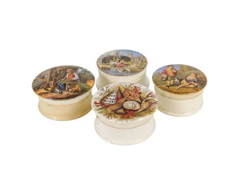 A 19th century Prattware transfer printed pot lid - decorated with 'Our Pets', 9cm diameter, together with a shells pot lid a