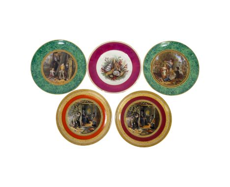 A 19th century Prattware plate - decorated with an image of hop-pickers, 24cm diameter, together with four other various simi