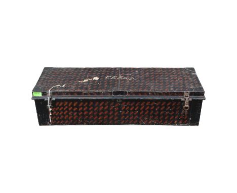 An early 20th century uniform trunk - tin with enamel painted decoration and named F E Rann RN, together with cap badge and a