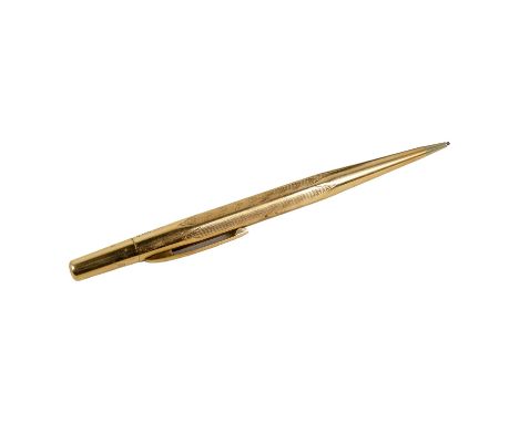 A 9ct gold propelling pencil - engine turned with a vacant cartouche, 13cm long.