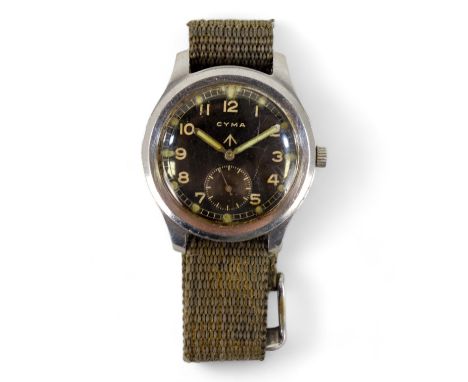 A Cyma British military-issue wristwatch - in stainless steel case with black dial set out with Arabic numerals, subsidiary s