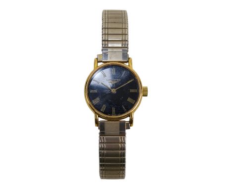 A ladies Longines wristwatch - the black dial set out with Roman numerals, with a manual mechanical movement, on an associate