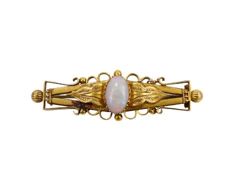 An Edwardian opal bar brooch - the oval cabochon stone on a leaf ground, 5.7g.
