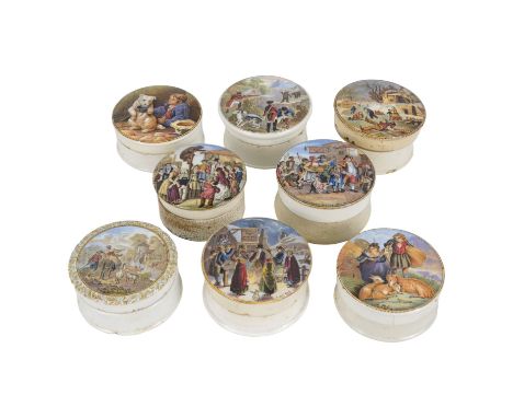 A 19th century Prattware transfer printed pot lid - decorated with Parish Beadle after Wilkie, 7cm diameter, together with se