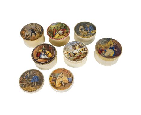 A 19th century Prattware transfer printed pot lid - decorated with 'Blind-man's Buff', together with seven other various pots