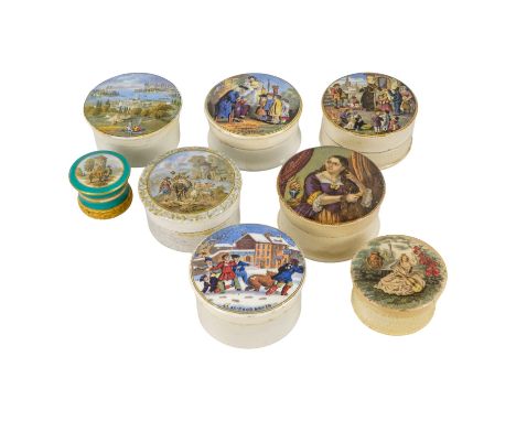 A 19th century Prattware transfer printed pot lid - decorated with 'Volunteer', together with seven other various pots and li