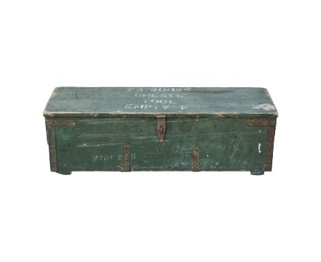 A 20th century green painted military pine trunk - with stencilled decals, 103 x 37 x 30cm.