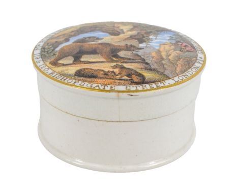 A 19th century Prattware Pot Lid - the rim inscribed, 'Ross &amp; Sons' Genuine Bear's Grease Perfumed, 119-129 Bishopsgate S
