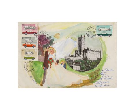 Gill WATKISS (British 1938-2024) Wedding First Day Cover Watercolour and blue biro Signed lower left Unframed 15 x 23cm 