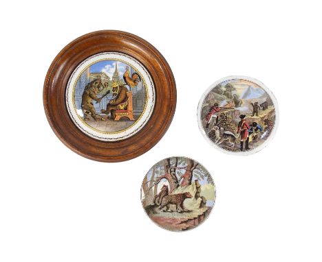 A 19th century Prattware transfer printed pot lid - decorated with Bear, Lion and Cock, the design after Jessie Austin's draw