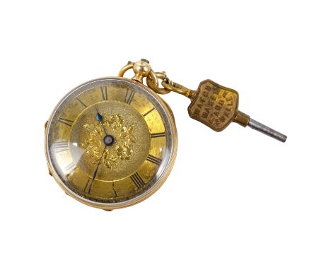 A 9ct gold open faced pocket watch - engine turned with a vacant cartouche, the gilt dial set out with Roman numerals.