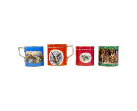 A large 19th century Prattware mug - decorated with a tavern interior scene, on a green marbled ground, 11cm high, together w