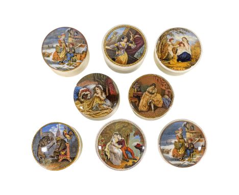 A 19th century Prattware transfer printed pot lid - decorated with Bear, Cock and Lion, together with seven other various pot