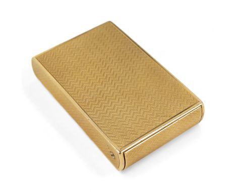 An Asprey &amp; Co 9ct gold concealed lighter -  engine turned, the spring loaded slide-action mechanism opening to reveal th