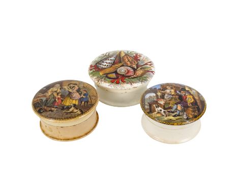 A 19th century Prattware transfer printed pot lid - decorated with 'A Letter from the Diggings', 11cm diameter, together with