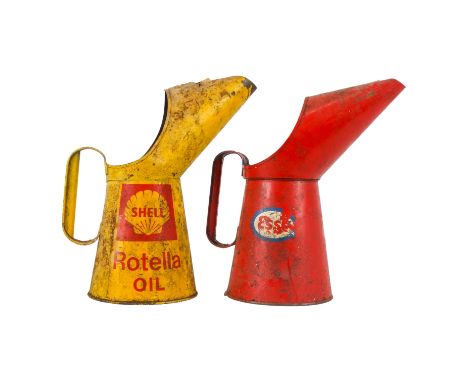 A vintage Shell Rotella branded oil filler jug - quart capacity, together with another similar Esso branded jug. (2)