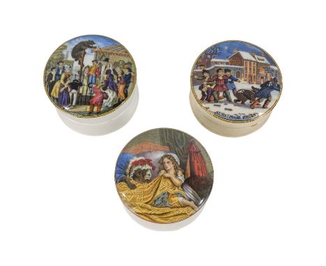 A 19th century Prattware transfer printed pot lid - decorated with 'Alas Poor Brun, 7cm, together with two further pot lids. 