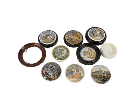 A 19th century Prattware transfer printed pot lid - decorated with 'The Outs' 7cm diameter, together with seven other various