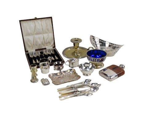 A quantity of silver plate - mostly 20th century, including a hot water jug, leather and plated hip flask, sugar bowl and cha