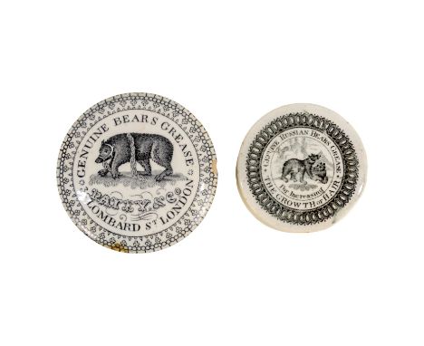 A 19th century Prattware transfer printed pot lid - decorated with bears 'Genuine Russian Bears Grease - for increasing the G