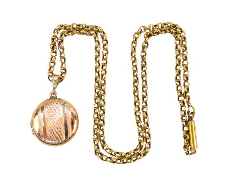 A 9ct gold locket - circular engine part turned cast on a fine chain, 4.5g.
